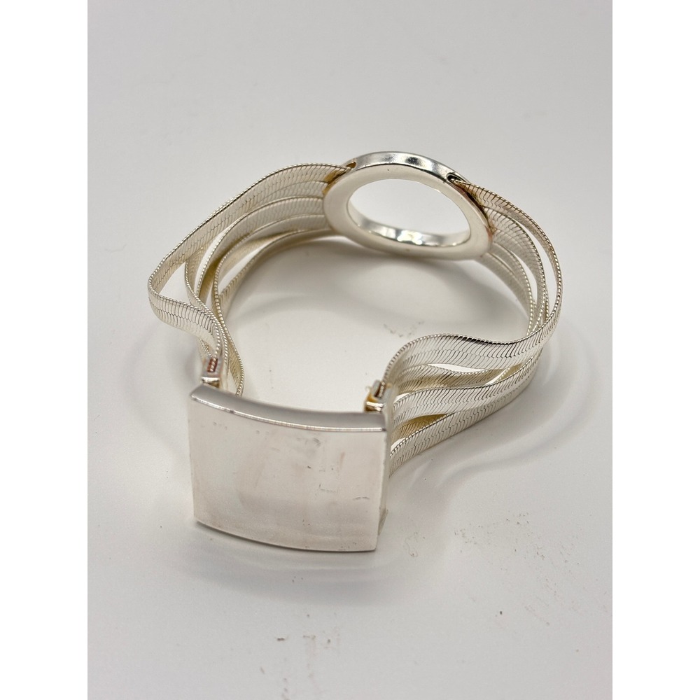 Silver Tone Multi Strand Herringbone Chain Elastic Stretch Cuff Bracelet Circle